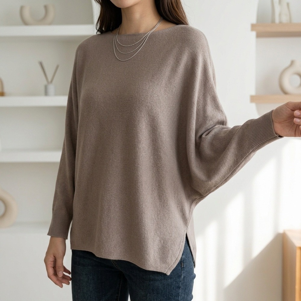 Quiet Luxury Made In Italy Taupe Gray Modal Blend Boat Neck Batwing Sweater OS